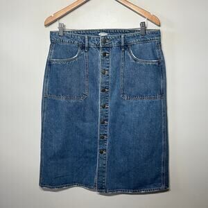 Old Navy Skirt Denim Button Front Midi Modest Distressed Schoolgirl Casual 16